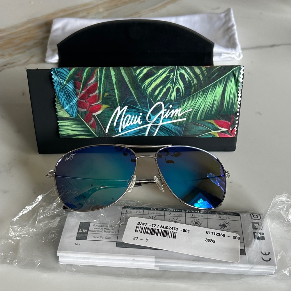 Maui Jim Silver Frame Sunglasses with Blue Lenses.  Brand new still in package